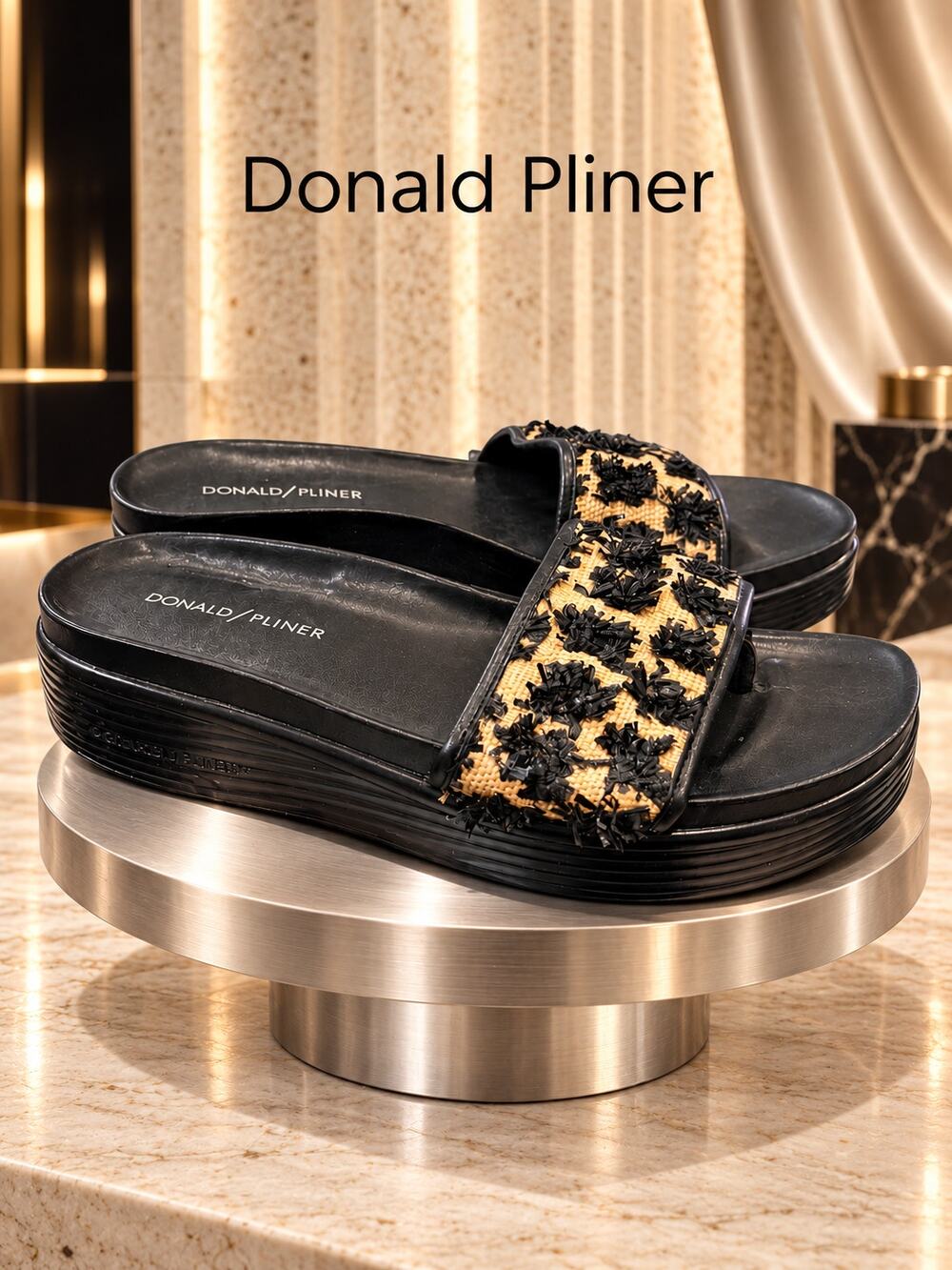 Donald Pliner Fiji Raffia Platform Slide Sandals Black Tan 9M